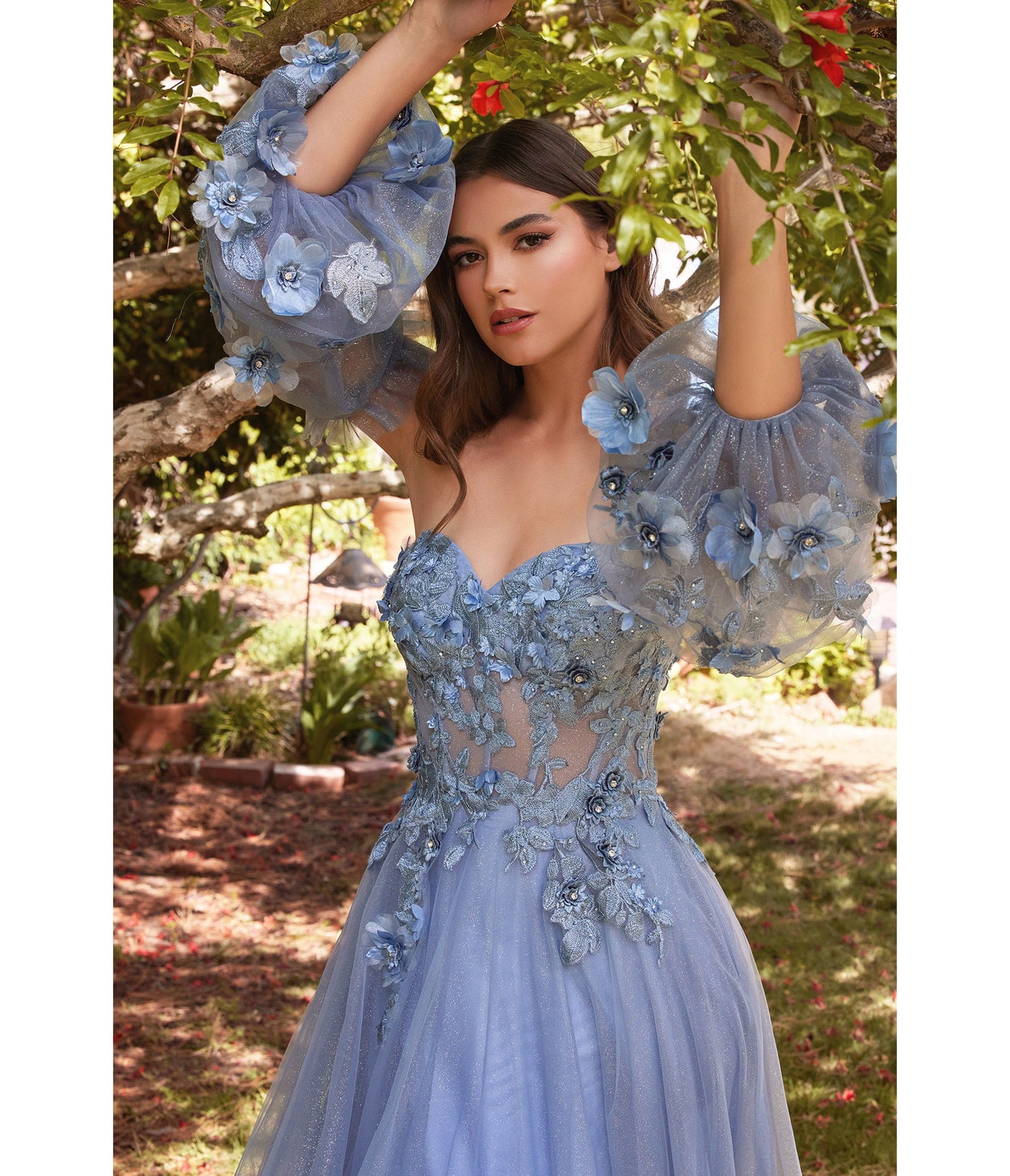 Cinderella Divine Smokey Blue Floral Off The Shoulder Fairytale Prom Dress - Unique Vintage - Womens, DRESSES, PROM AND SPECIAL OCCASION