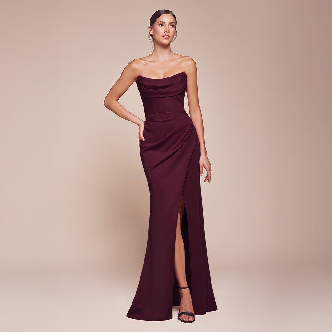 Cinderella Divine Wine Chiffon Strapless Slit Prom Dress - Unique Vintage - Womens, DRESSES, PROM AND SPECIAL OCCASION
