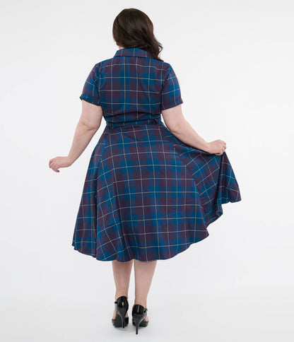 Collectif Plus Size Teal & Purple Checkered Caterina Swing Dress - Unique Vintage - Womens, DRESSES, SWING