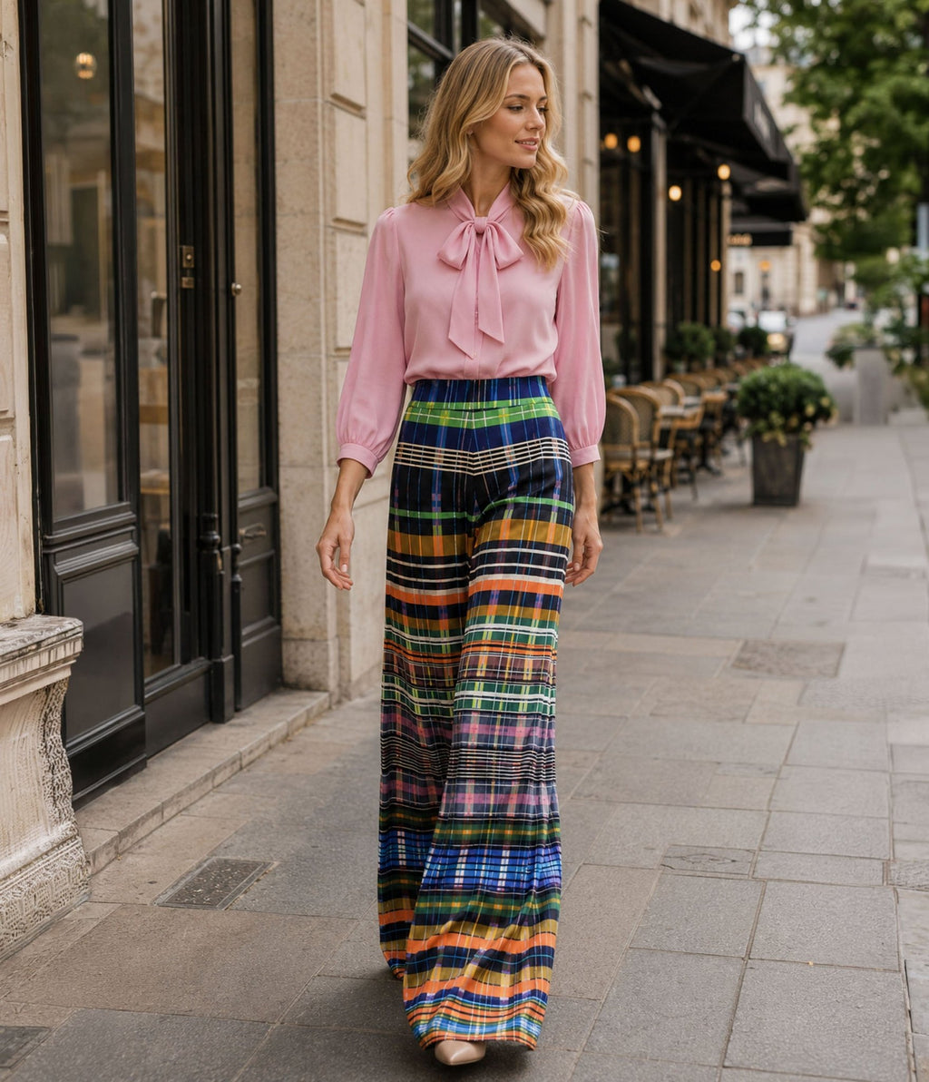 Colorful Plaid Wide Leg Pants - Unique Vintage - Womens, BOTTOMS, PANTS