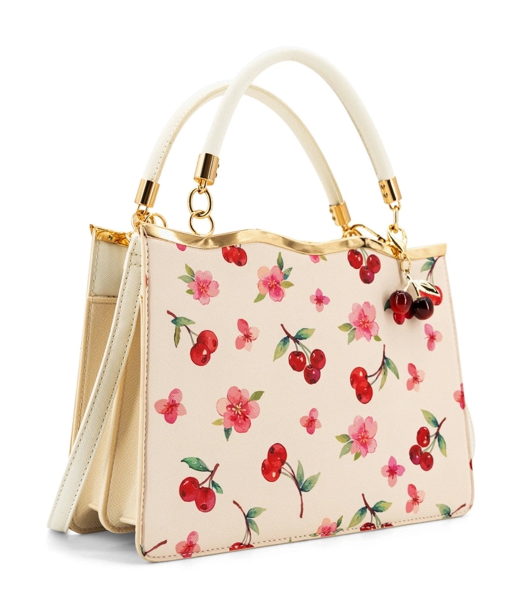 Cream & Cherry Leatherette Handbag - Unique Vintage - Womens, ACCESSORIES, HANDBAGS