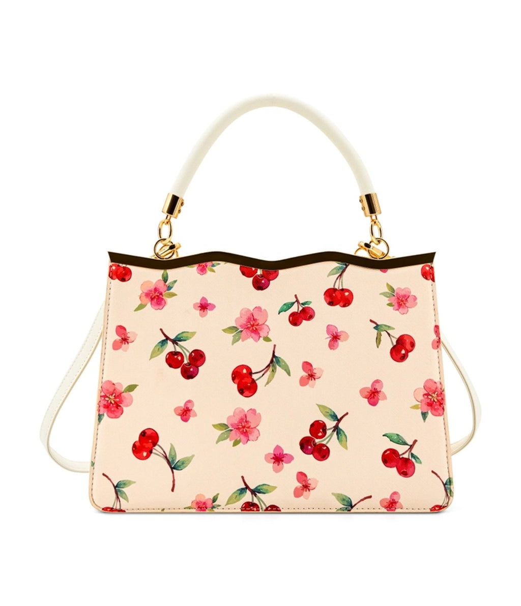 Cream & Cherry Leatherette Handbag - Unique Vintage - Womens, ACCESSORIES, HANDBAGS