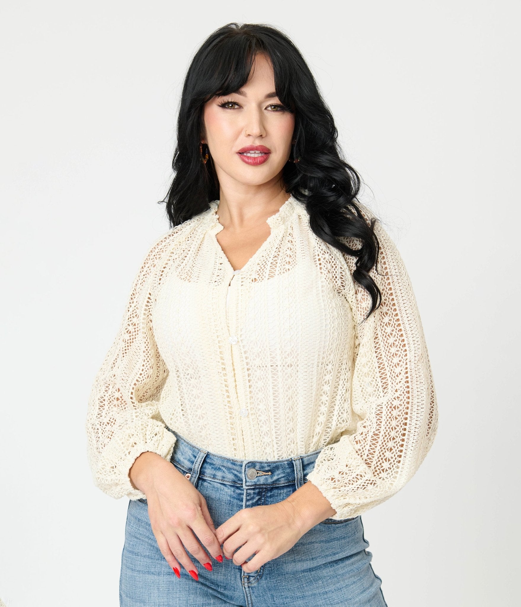 Cream Crochet Long Sleeve Blouse - Unique Vintage - Womens, TOPS, KNIT TOPS