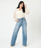 Cream Crochet Long Sleeve Blouse - Unique Vintage - Womens, TOPS, KNIT TOPS