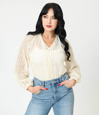 Cream Crochet Long Sleeve Blouse - Unique Vintage - Womens, TOPS, KNIT TOPS