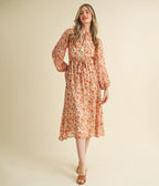 Cream & Floral Print Belted Midi Dress - Unique Vintage - Womens, DRESSES, MIDI