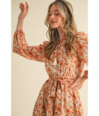 Cream & Floral Print Belted Midi Dress - Unique Vintage - Womens, DRESSES, MIDI