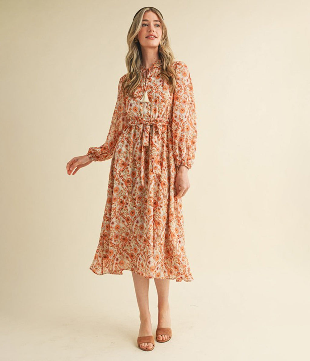 Cream & Floral Print Belted Midi Dress - Unique Vintage - Womens, DRESSES, MIDI