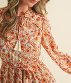 Cream & Floral Print Belted Midi Dress - Unique Vintage - Womens, DRESSES, MIDI