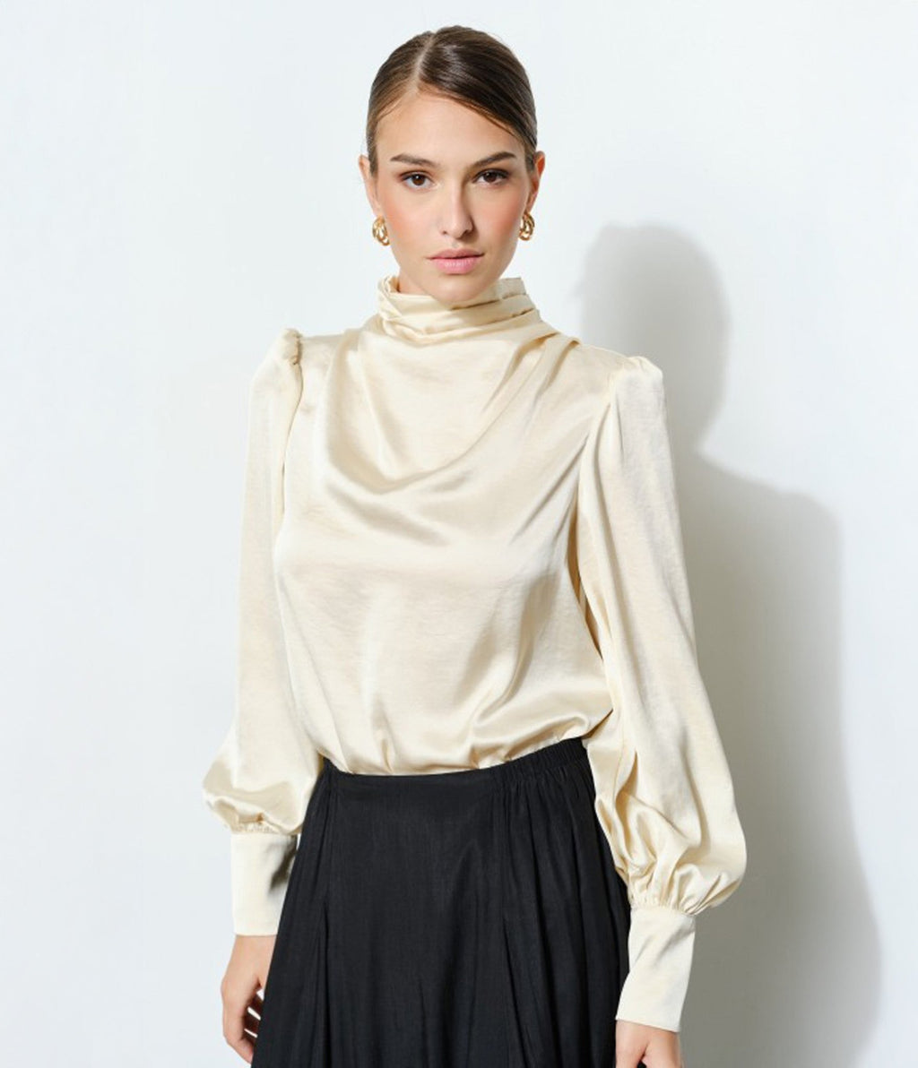 Cream Long Puff Sleeve Blouse - Unique Vintage - 