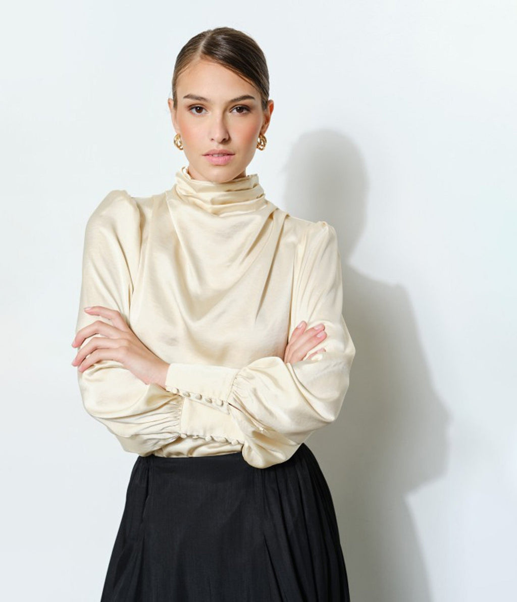 Cream Long Puff Sleeve Blouse - Unique Vintage - 