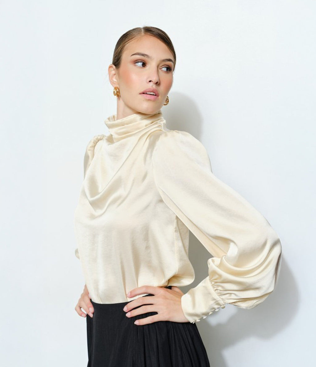 Cream Long Puff Sleeve Blouse - Unique Vintage - 