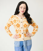 Cream & Orange Floral Cardigan - Unique Vintage - 