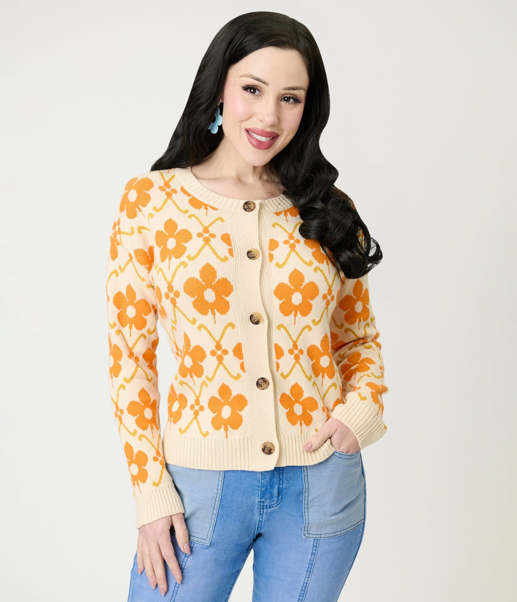 Cream & Orange Floral Cardigan - Unique Vintage - 