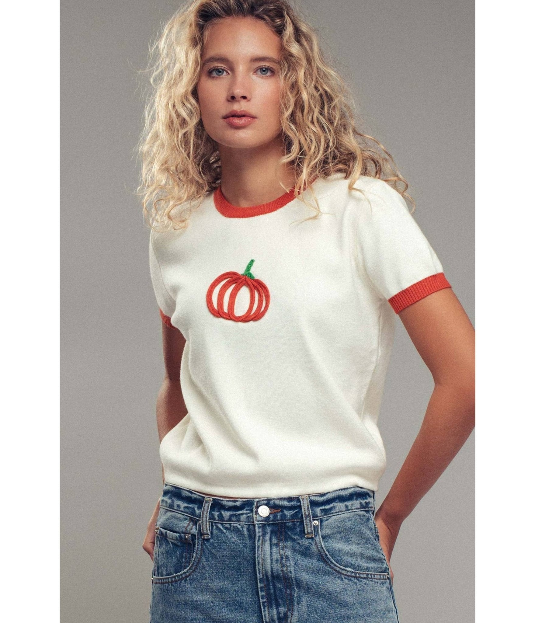 Cream & Pumpkin Embroidered Sweater - Unique Vintage - Womens, TOPS, SWEATERS