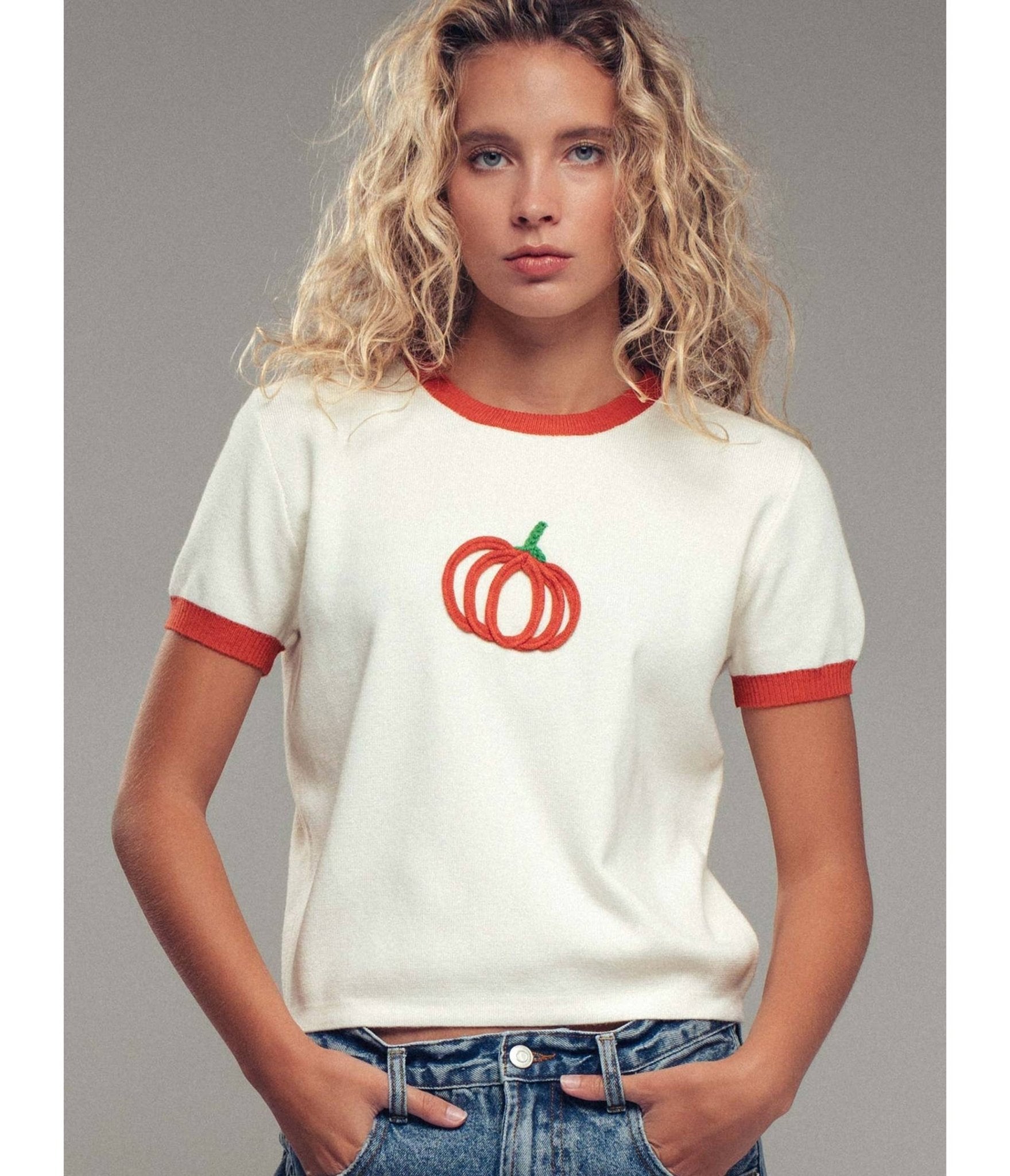 Cream & Pumpkin Embroidered Sweater - Unique Vintage - Womens, TOPS, SWEATERS