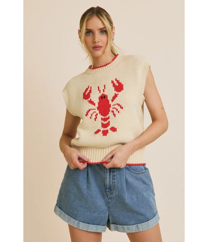 Cream & Red Lobster High Neck Sleeveless Sweater - Unique Vintage - Womens, TOPS, KNIT TOPS