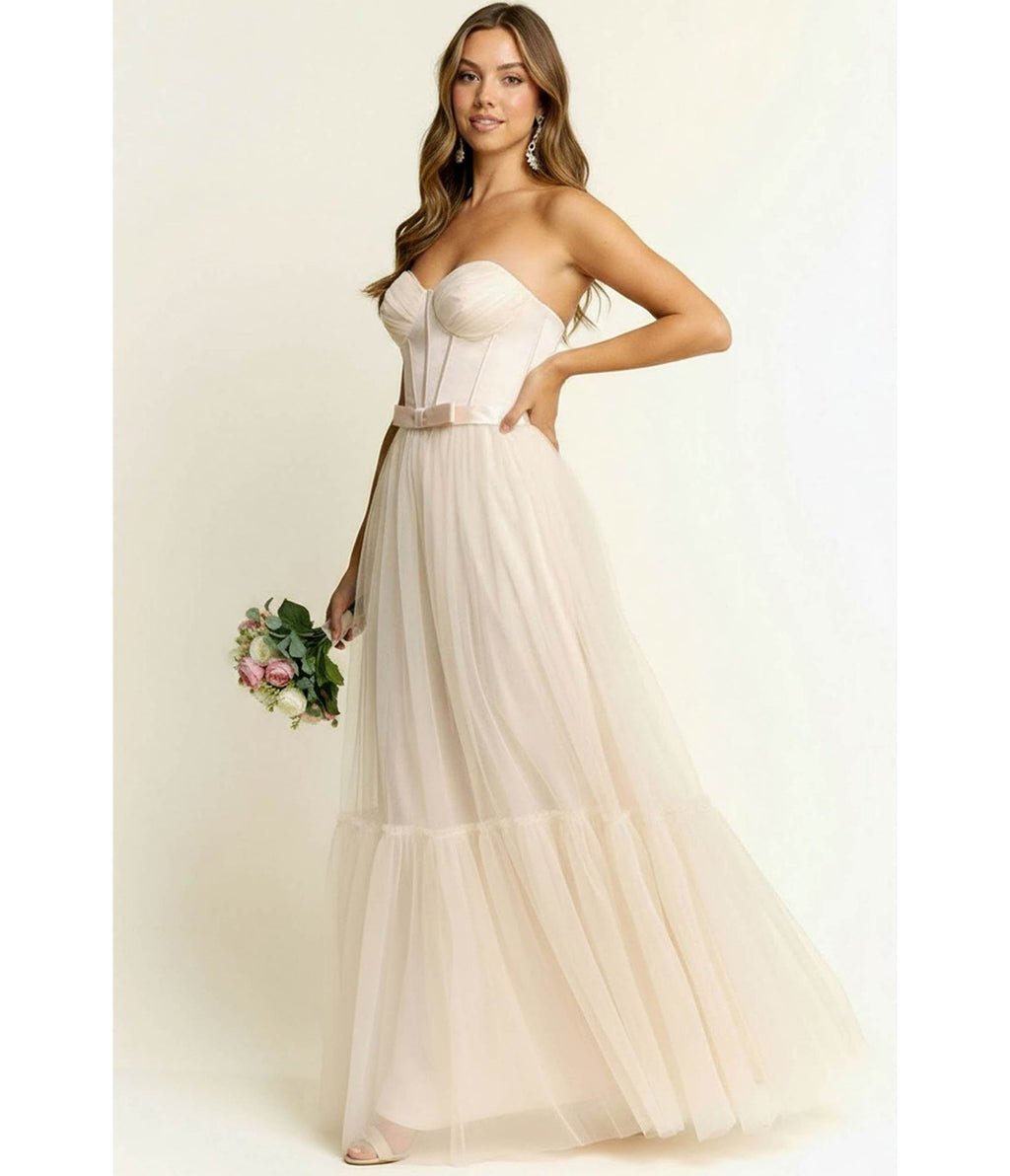 Cream Sweetheart Corset Tulle Maxi Dress - Unique Vintage - Womens, DRESSES, PROM AND SPECIAL OCCASION