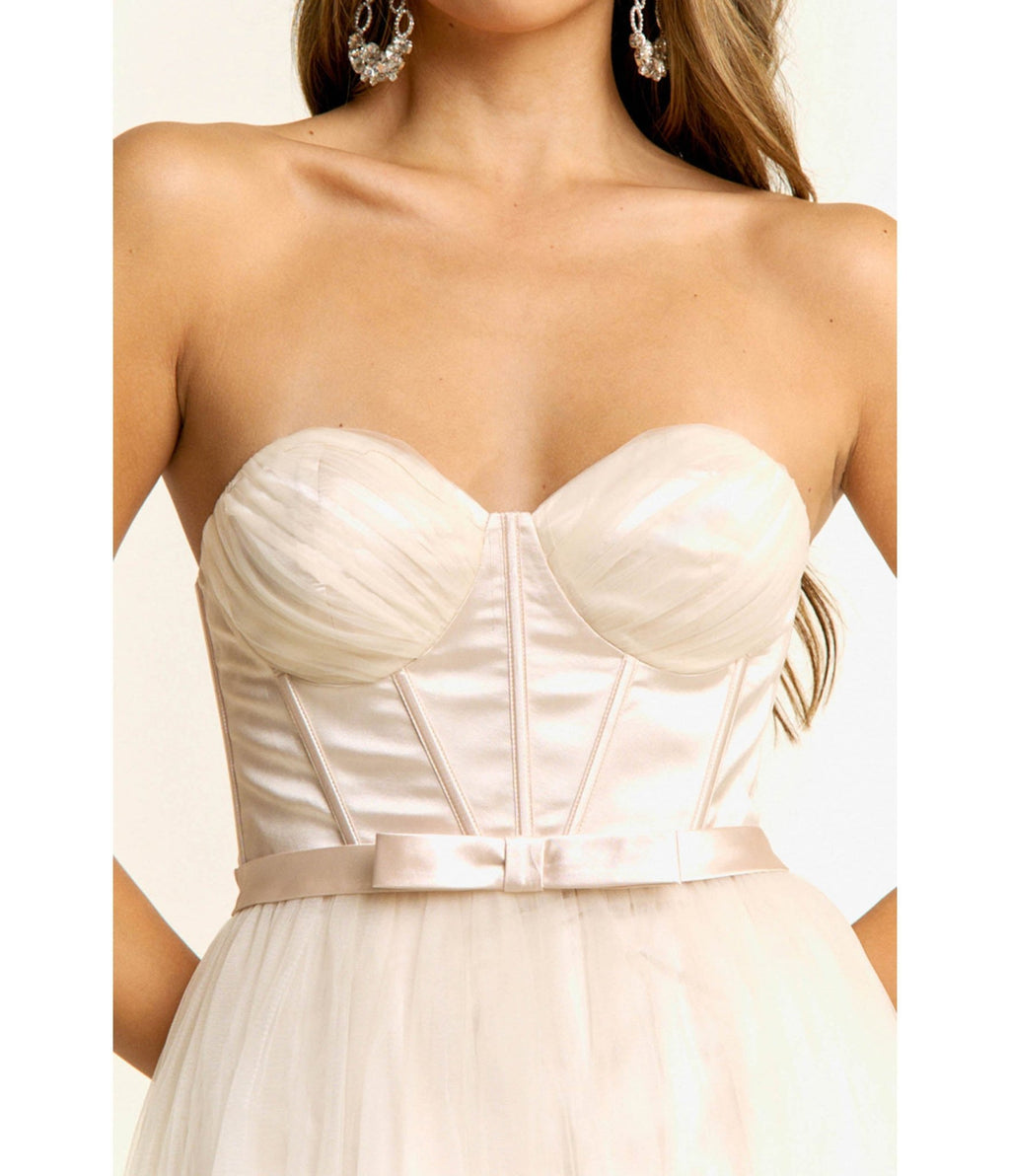 Cream Sweetheart Corset Tulle Maxi Dress - Unique Vintage - Womens, DRESSES, PROM AND SPECIAL OCCASION