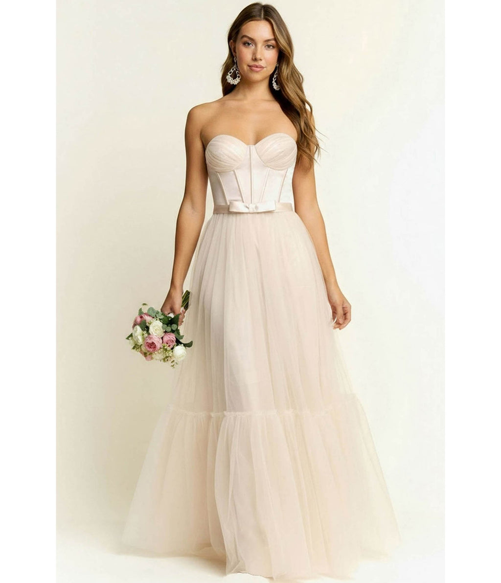 Cream Sweetheart Corset Tulle Maxi Dress - Unique Vintage - Womens, DRESSES, PROM AND SPECIAL OCCASION