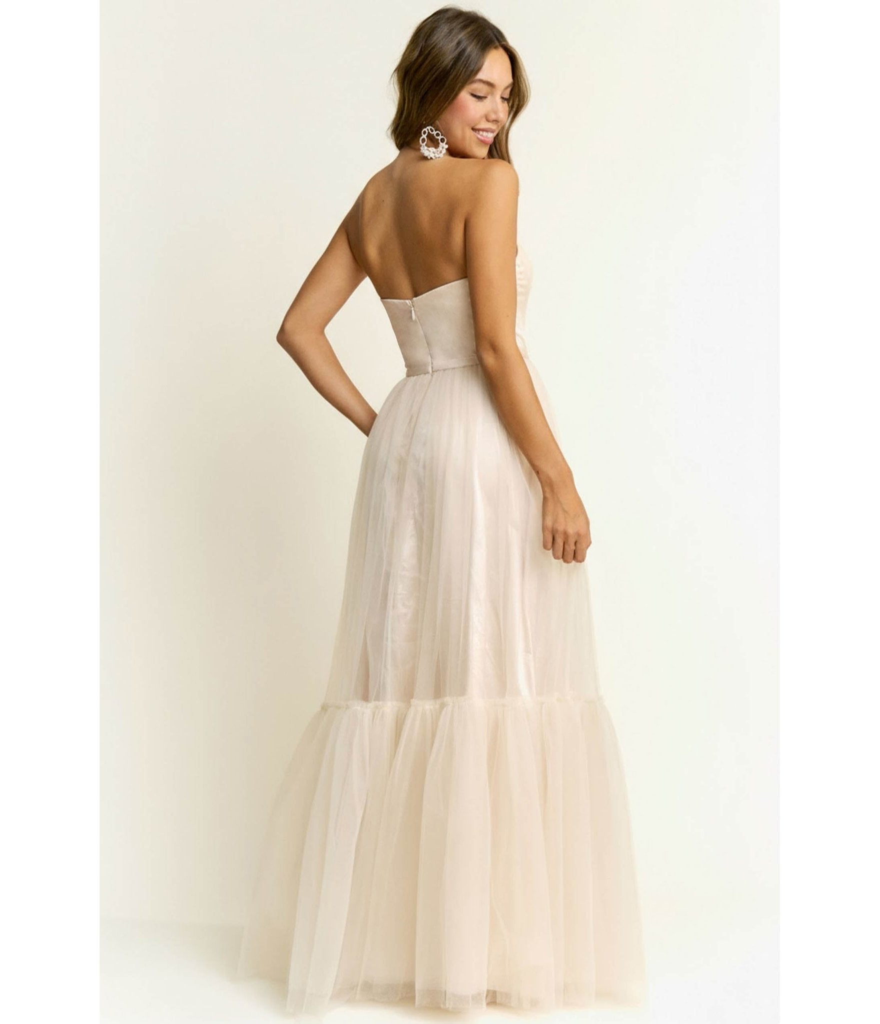 Cream Sweetheart Corset Tulle Maxi Dress - Unique Vintage - Womens, DRESSES, PROM AND SPECIAL OCCASION