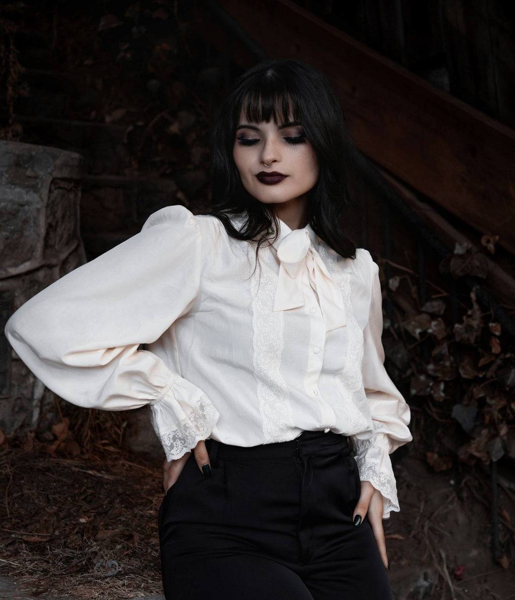 Cream Willow Bow Blouse - Unique Vintage - Womens, TOPS, KNIT TOPS