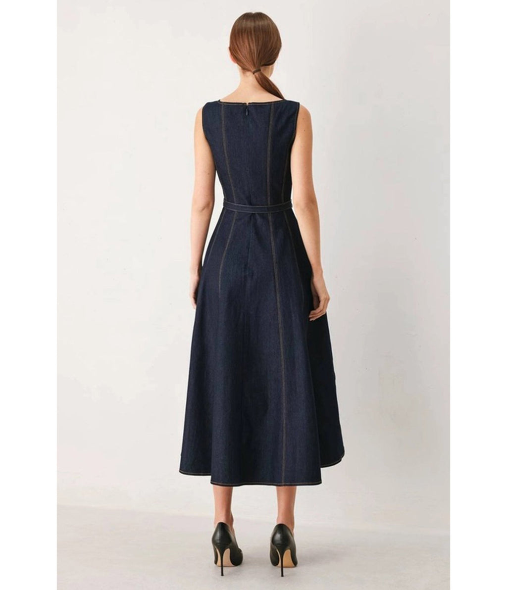 Dark Denim Sleeveless Belted Midi Dress - Unique Vintage - Aline Dresses