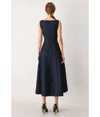Dark Denim Sleeveless Belted Midi Dress - Unique Vintage - Aline Dresses