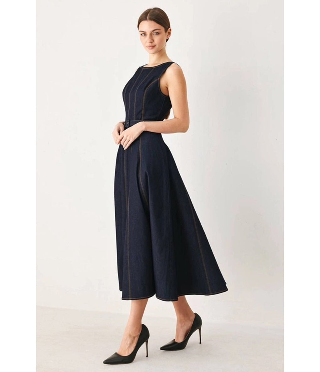 Dark Denim Sleeveless Belted Midi Dress - Unique Vintage - Aline Dresses