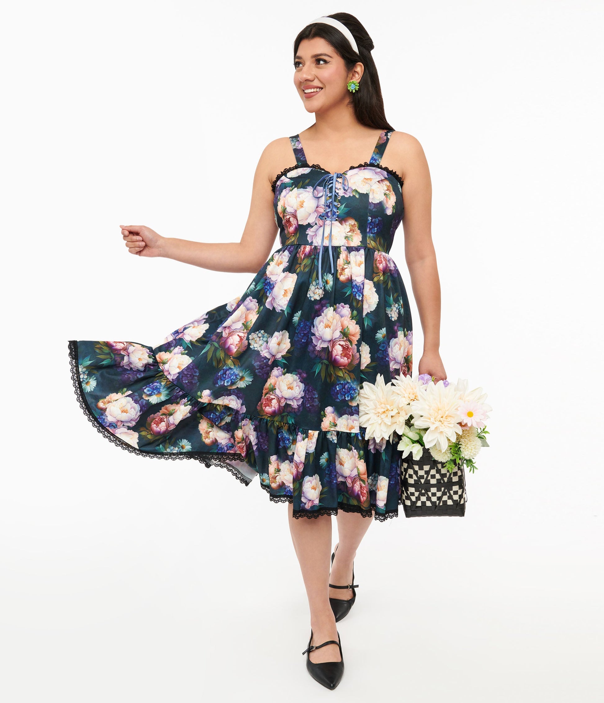 Dark Green Floral Heidi Swing Dress - Unique Vintage - Womens, DRESSES, SWING