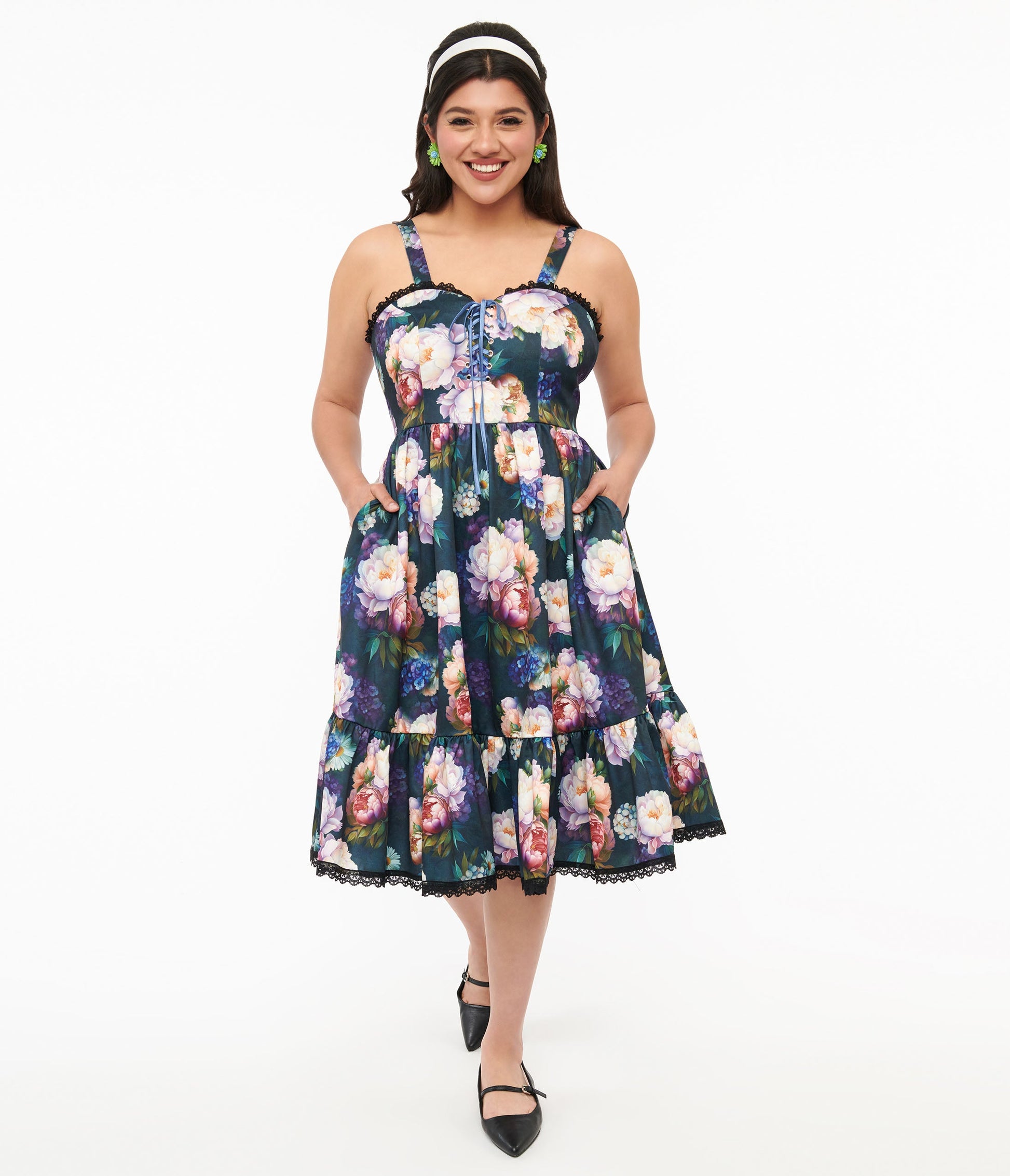 Dark Green Floral Heidi Swing Dress - Unique Vintage - Womens, DRESSES, SWING