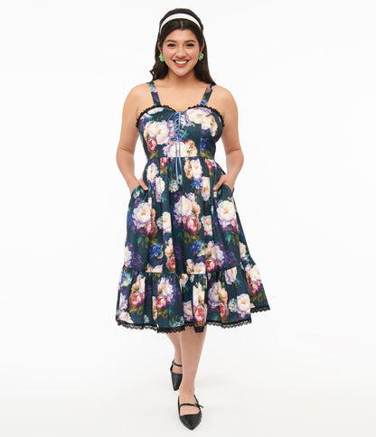 Dark Green Floral Heidi Swing Dress - Unique Vintage - Womens, DRESSES, SWING