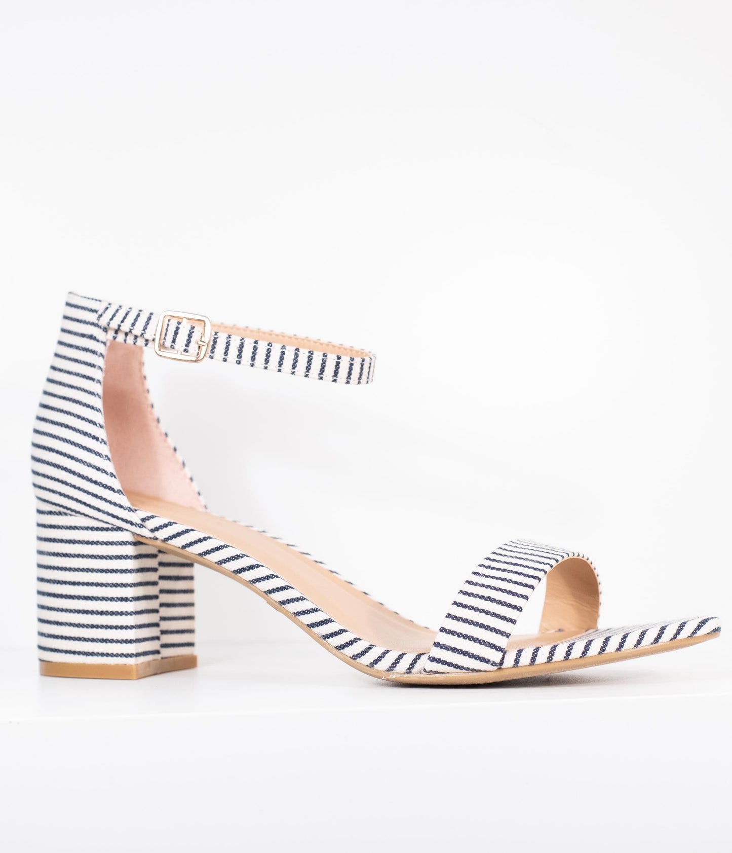 Dark Navy & White Stripe Textile Heel Sandals - Unique Vintage - Womens, SHOES, HEELS