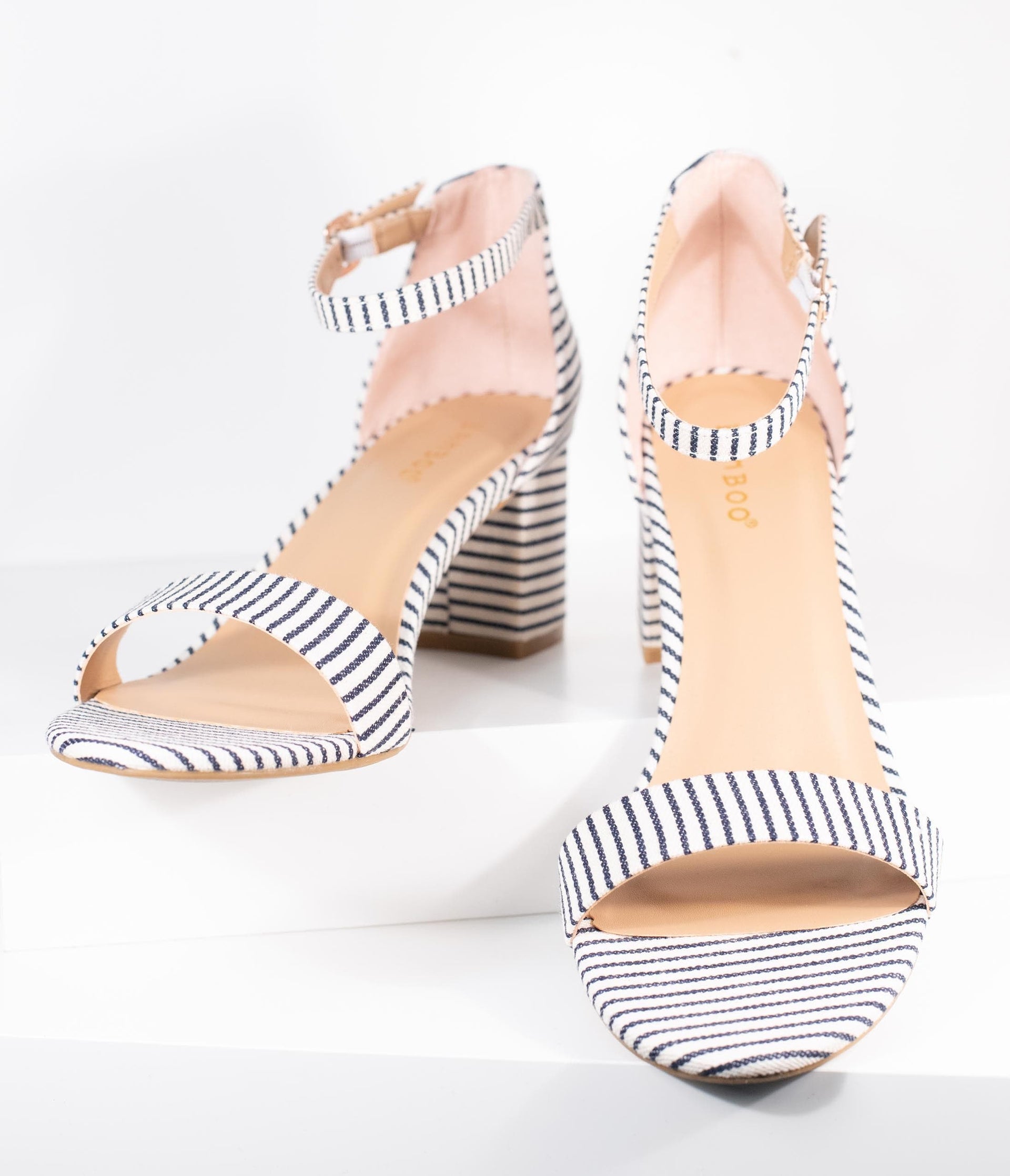 Dark Navy & White Stripe Textile Heel Sandals - Unique Vintage - Womens, SHOES, HEELS