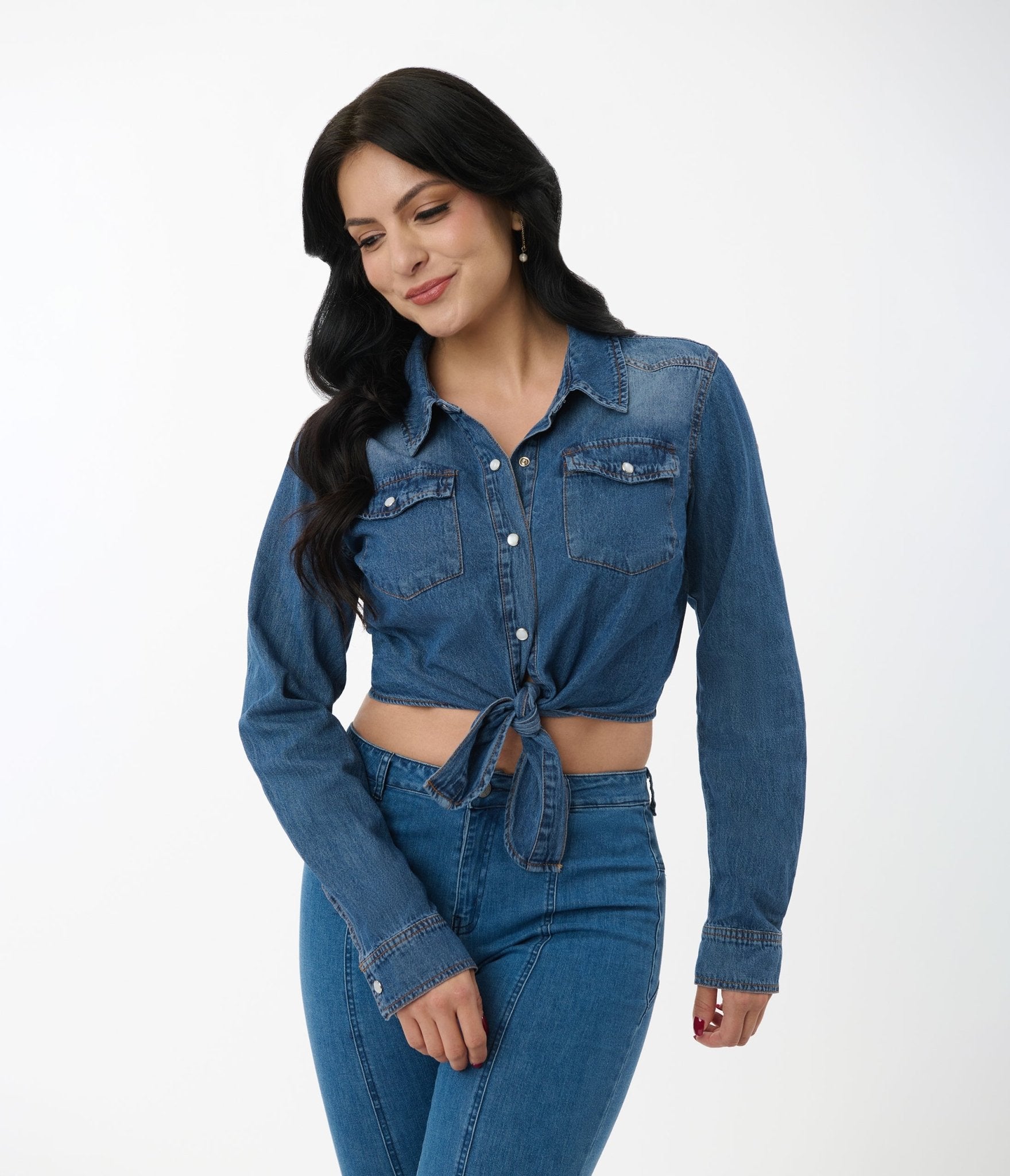 Dark Wash Denim Tie Front Western Top - Unique Vintage - Womens, TOPS, SHIRTS
