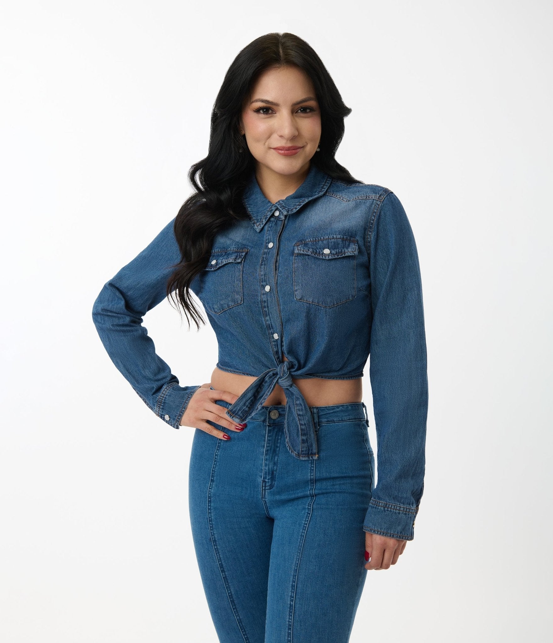 Dark Wash Denim Tie Front Western Top - Unique Vintage - Womens, TOPS, SHIRTS