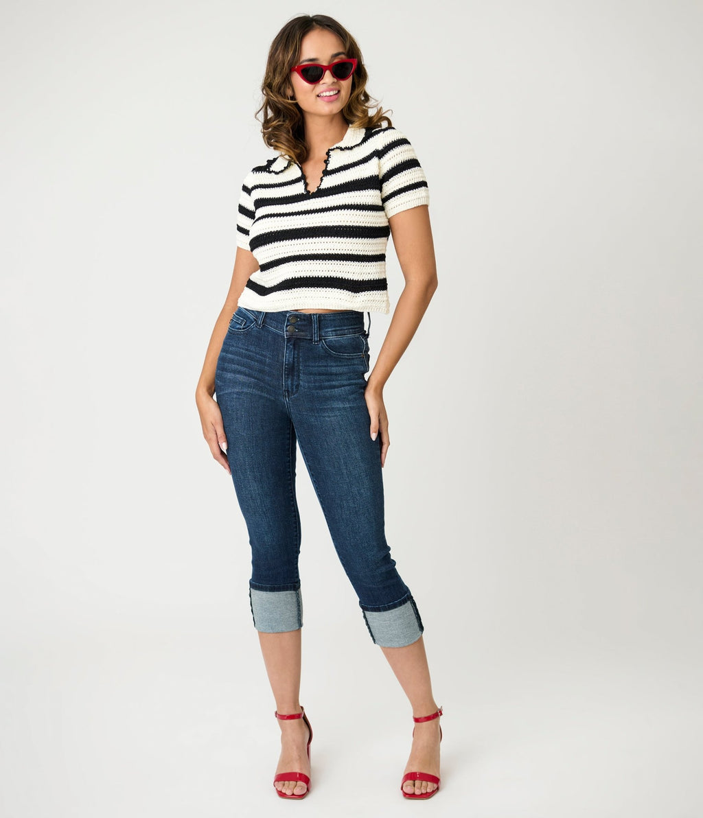 Denim High Waist Double Button Capri Jeans - Unique Vintage - Womens, BOTTOMS, PANTS