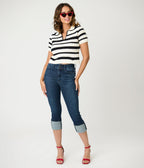 Denim High Waist Double Button Capri Jeans - Unique Vintage - Womens, BOTTOMS, PANTS