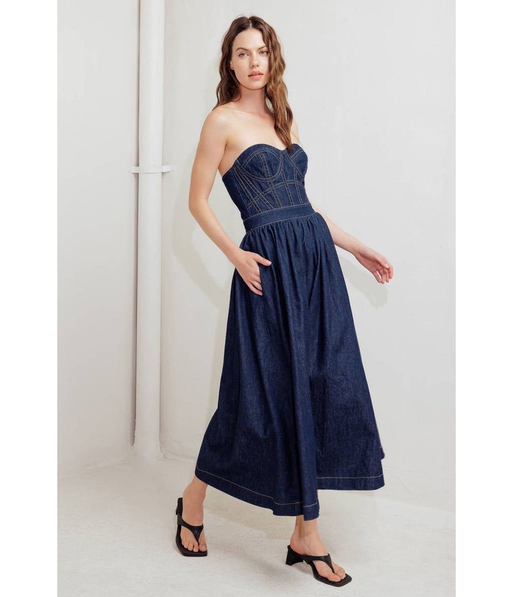 Denim Strapless Midi Dress - Unique Vintage - Womens, DRESSES, MIDI