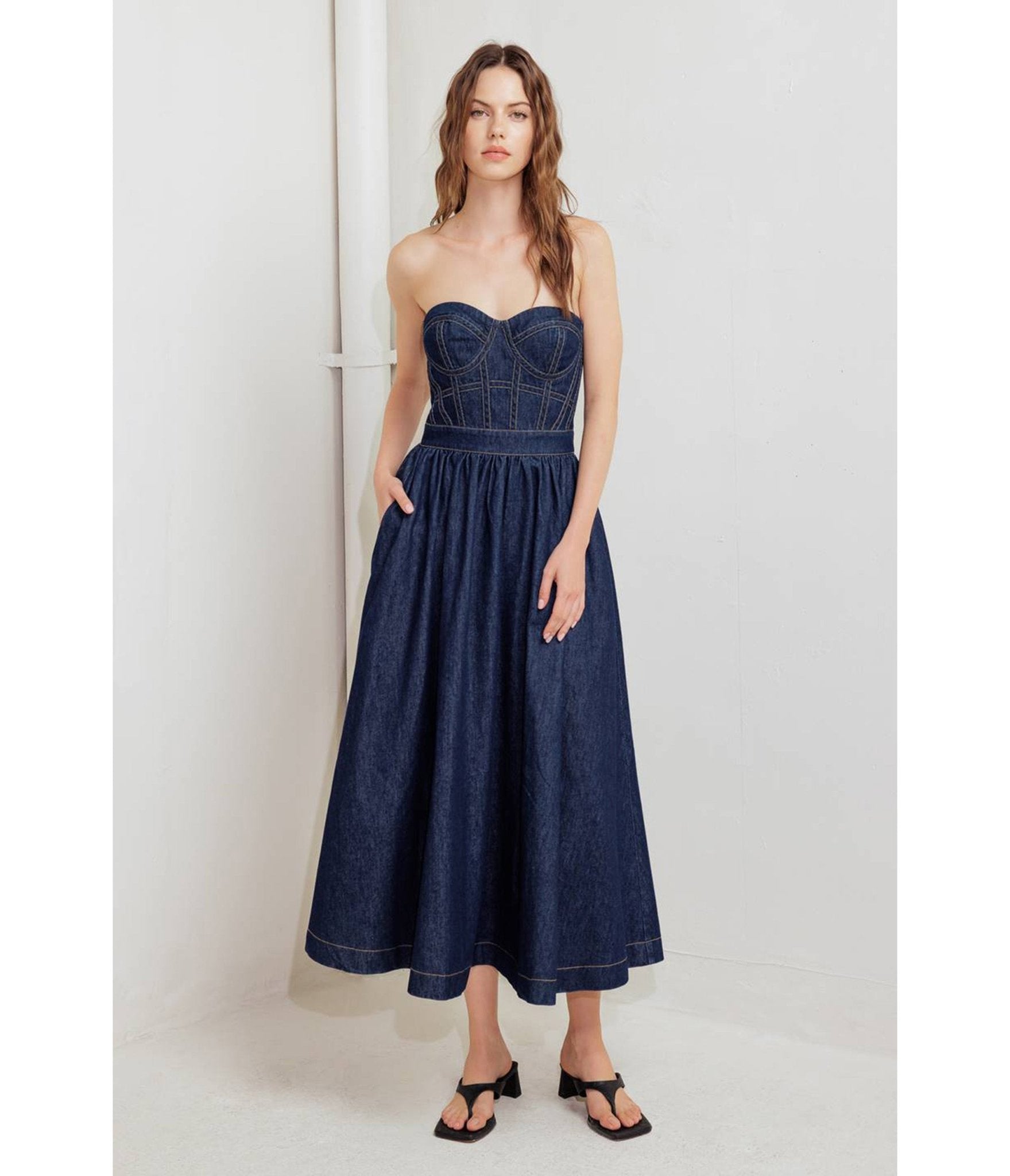 Denim Strapless Midi Dress - Unique Vintage - Womens, DRESSES, MIDI
