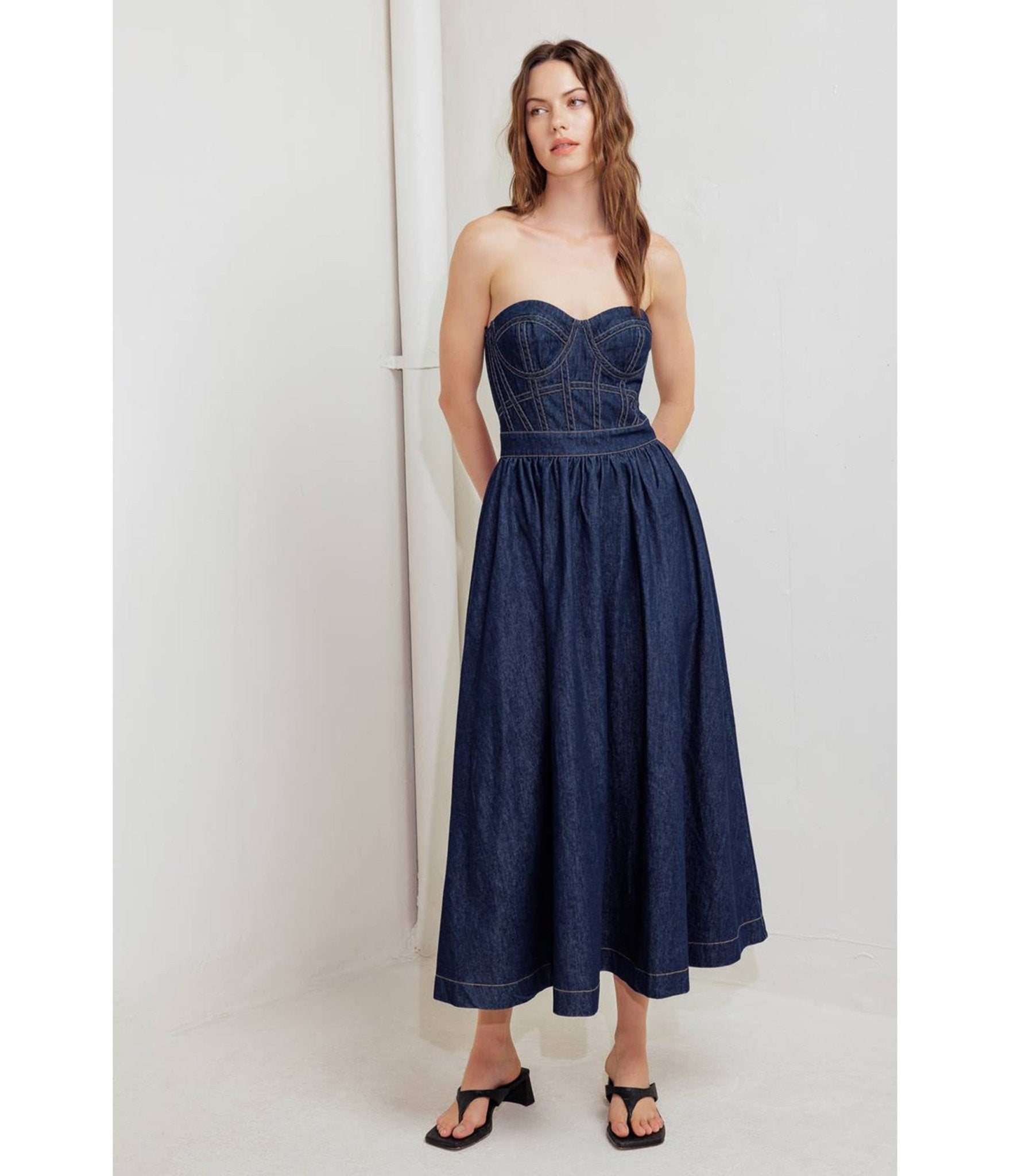 Denim Strapless Midi Dress - Unique Vintage - Womens, DRESSES, MIDI