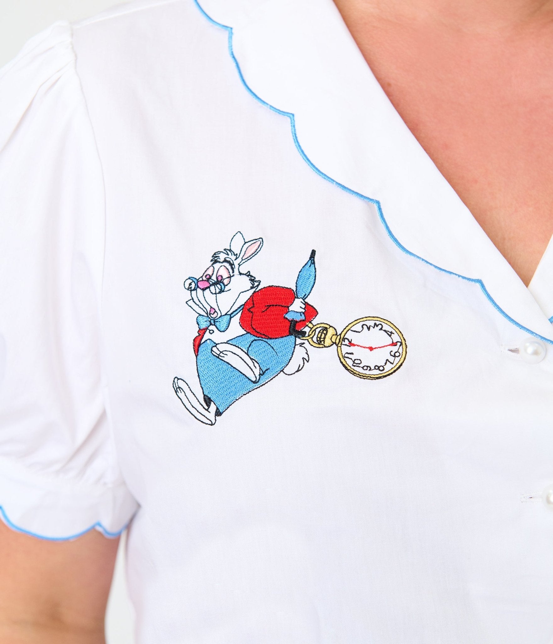 Disney Alice In Wonderland Collection By Smak Parlour Plus Size White Rabbit Embroidered Puff Sleeve Top - Unique Vintage - Womens, TOPS, WOVEN TOPS