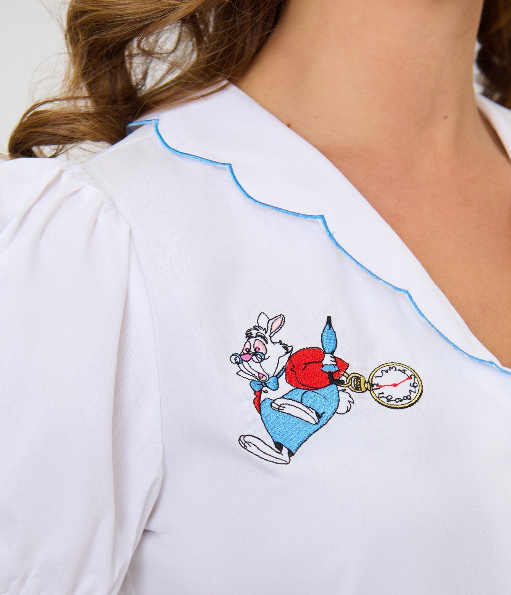 Disney Alice In Wonderland Collection By Smak Parlour White Rabbit Embroidered Puff Sleeve Top - Unique Vintage - Womens, TOPS, WOVEN TOPS