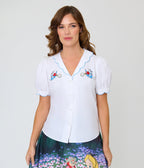 Disney Alice In Wonderland Collection By Smak Parlour White Rabbit Embroidered Puff Sleeve Top - Unique Vintage - Womens, TOPS, WOVEN TOPS