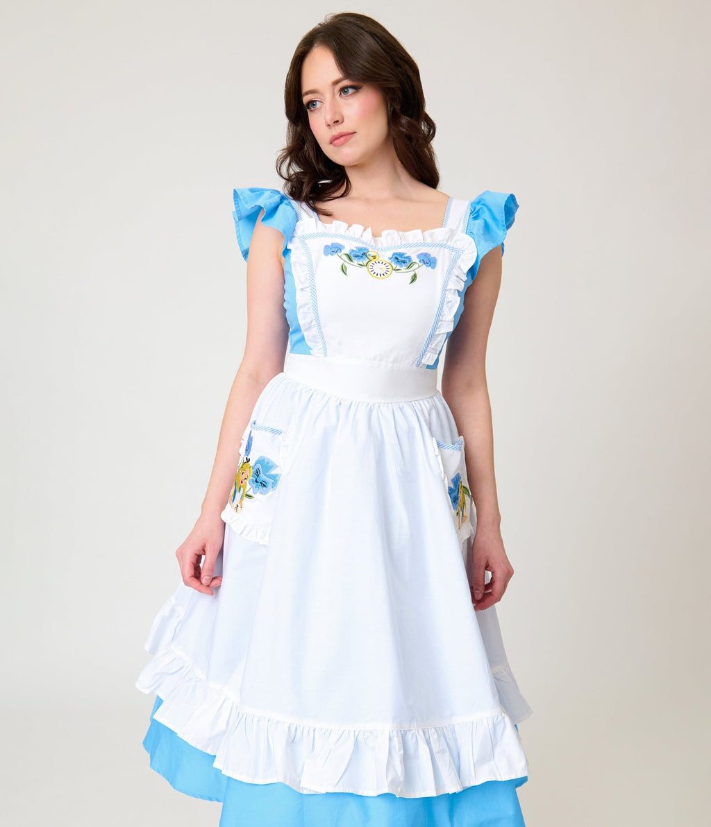 Disney Alice In Wonderland Collection By Unique Vintage Blue & White Ruffled Apron Swing Dress - Unique Vintage - Womens, DRESSES, SWING
