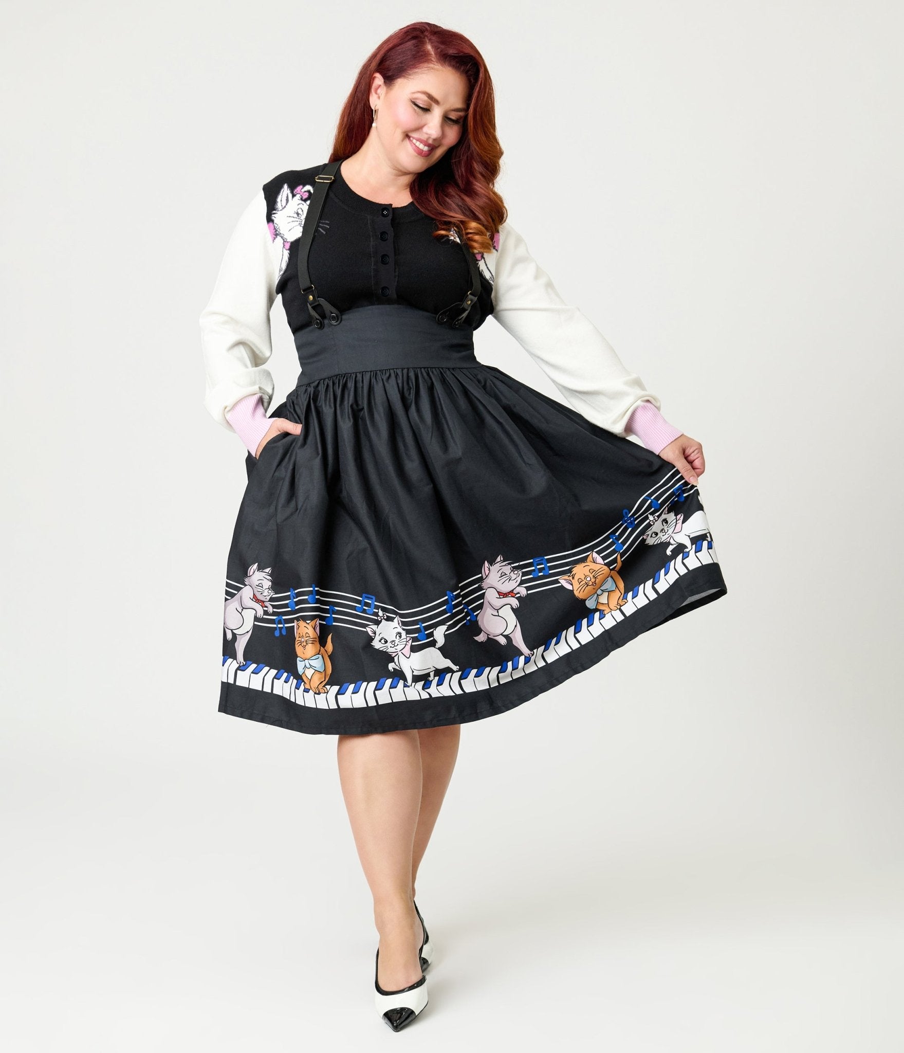 Disney Aristocats Collection by Unique Vintage Plus Size Aristocats Piano Border Suspender Swing Skirt - Unique Vintage - Womens, BOTTOMS, SKIRTS
