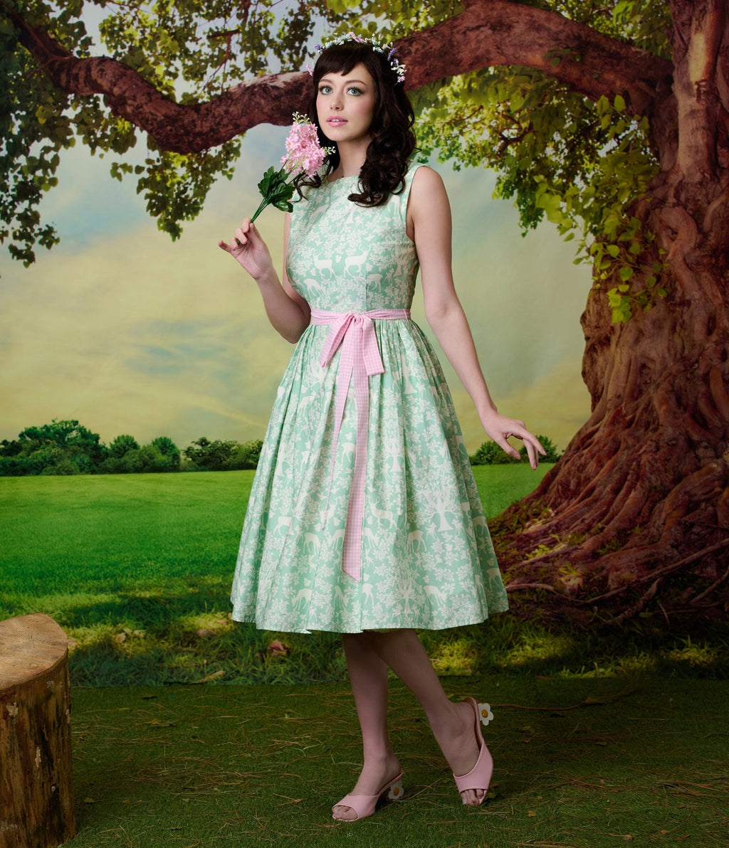 Disney Bambi Collection by Unique Vintage Green Forest Friends & Pink Gingham Swing Dress - Unique Vintage - Womens, DRESSES