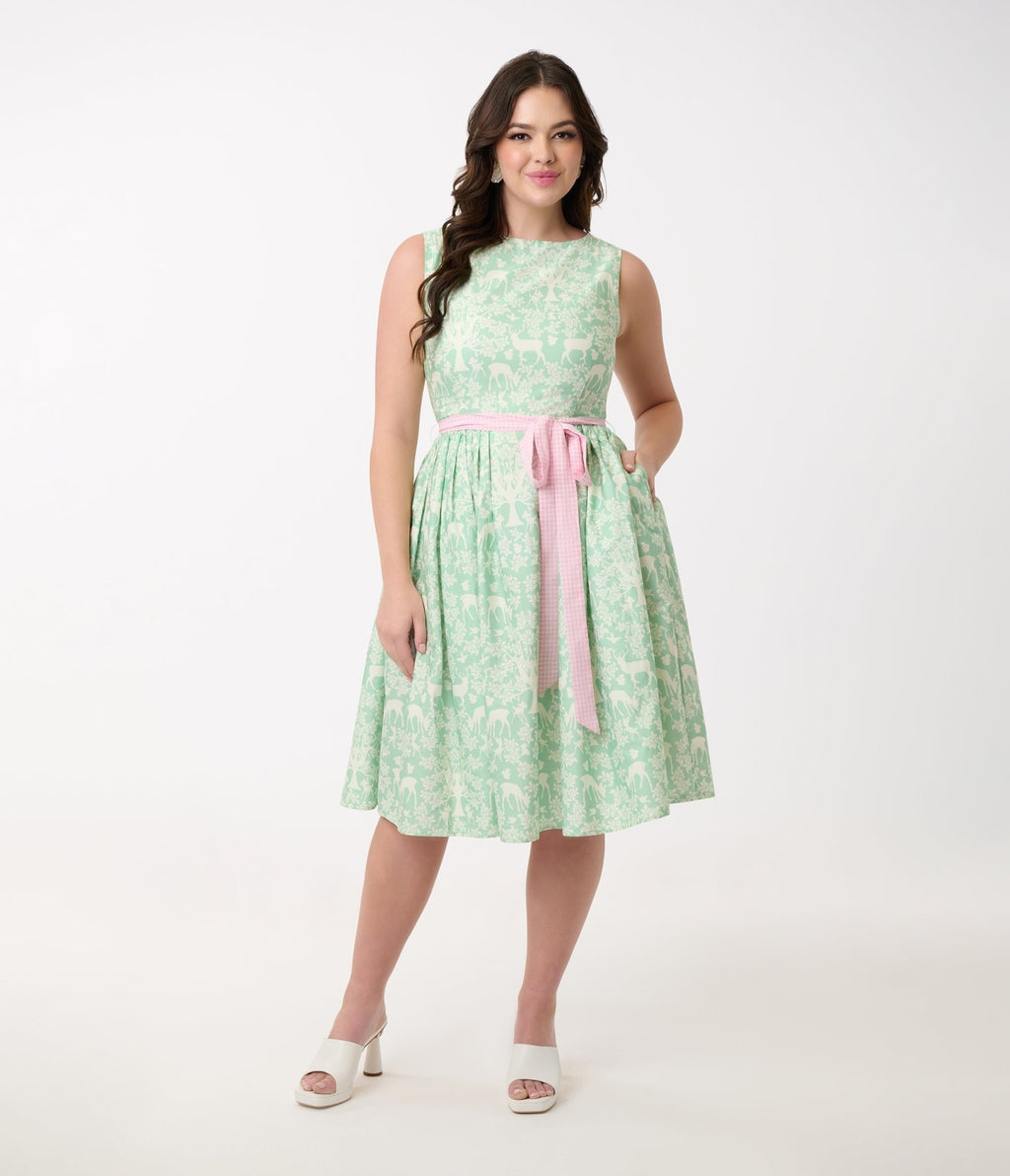 Disney Bambi Collection by Unique Vintage Green Forest Friends & Pink Gingham Swing Dress - Unique Vintage - Womens, DRESSES