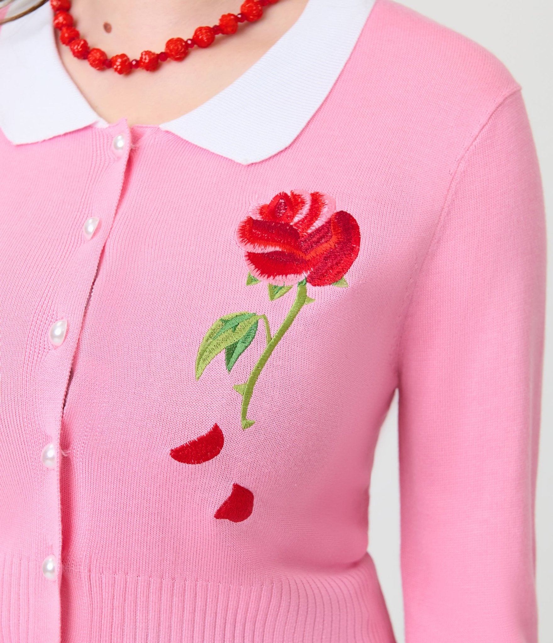 Disney Beauty & The Beast Collection by Unique Vintage Pink Rose Embroidered Collar Long Sleeve Cardigan - Unique Vintage - Womens, TOPS, SWEATERS