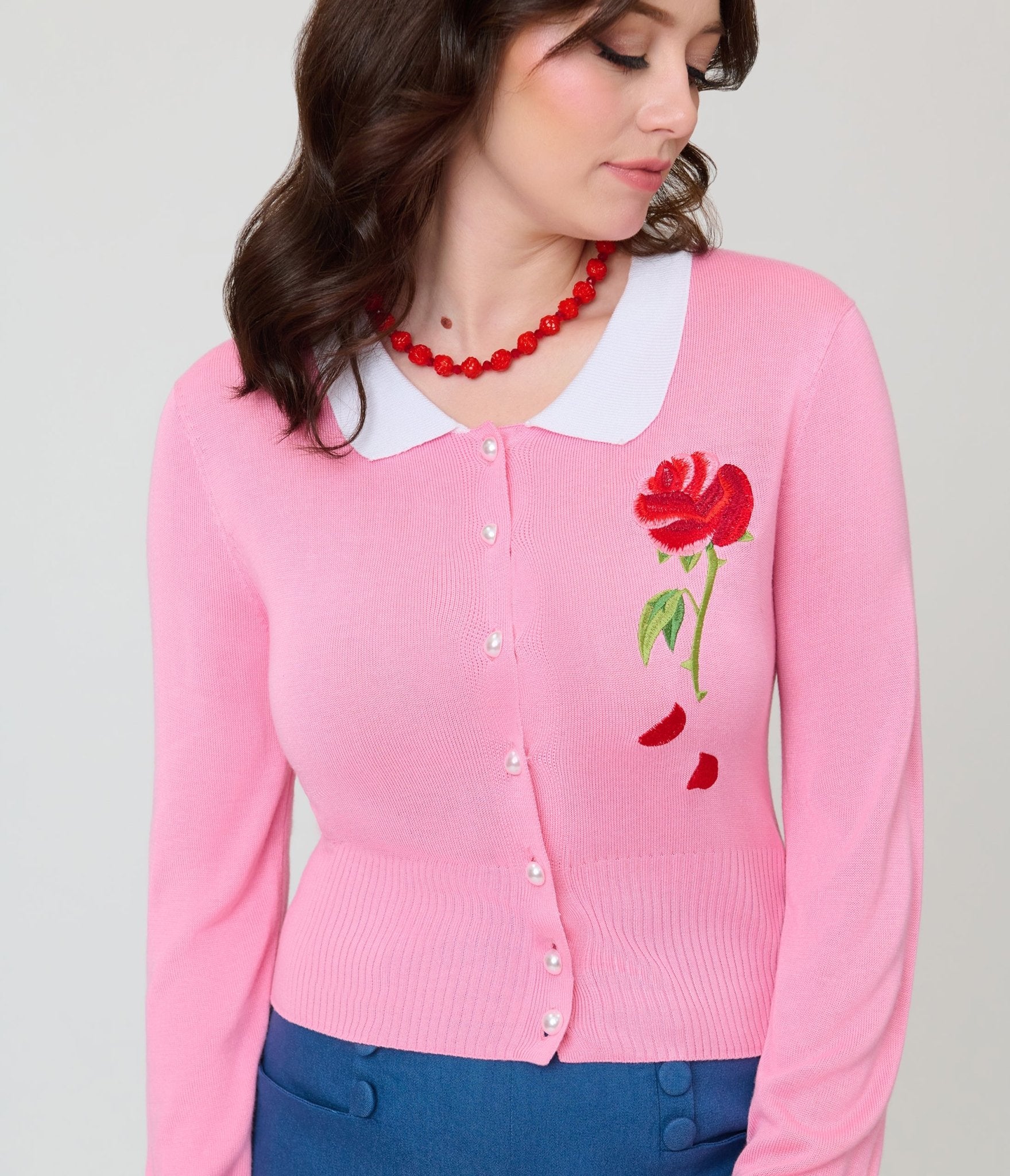 Disney Beauty & The Beast Collection by Unique Vintage Pink Rose Embroidered Collar Long Sleeve Cardigan - Unique Vintage - Womens, TOPS, SWEATERS